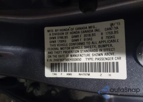 2015 Honda Civic Lx z USA, uszkodzony, nr VIN 2HGFB2F56FH553650